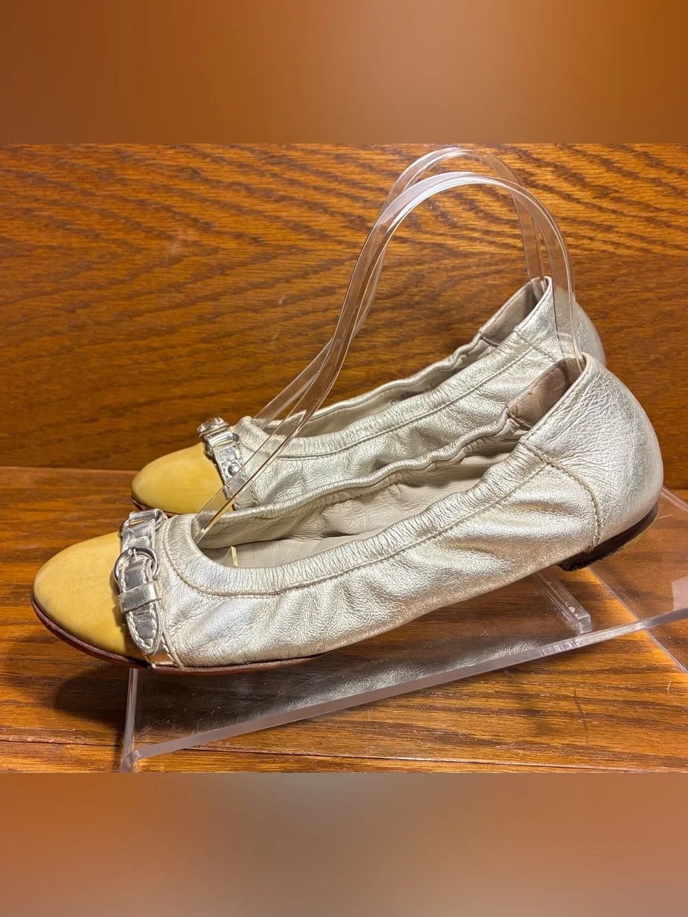 AGL Italy Made Metallic Gold Leather Patent Cap Toe Ballet Flats EU 36.5 US 6.5